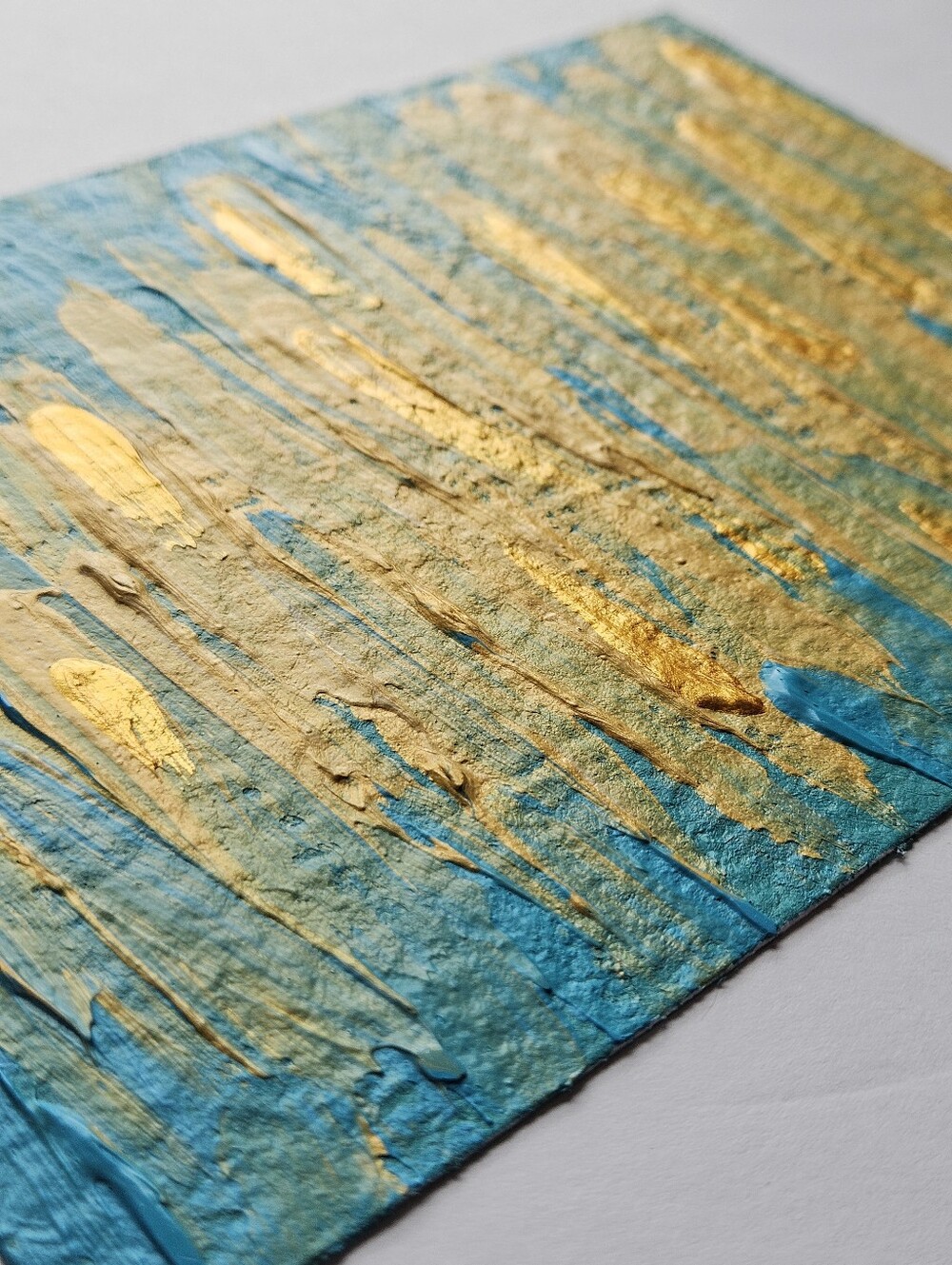 5x7 acrylic abstract painting on paper blue green orange gold textured linear